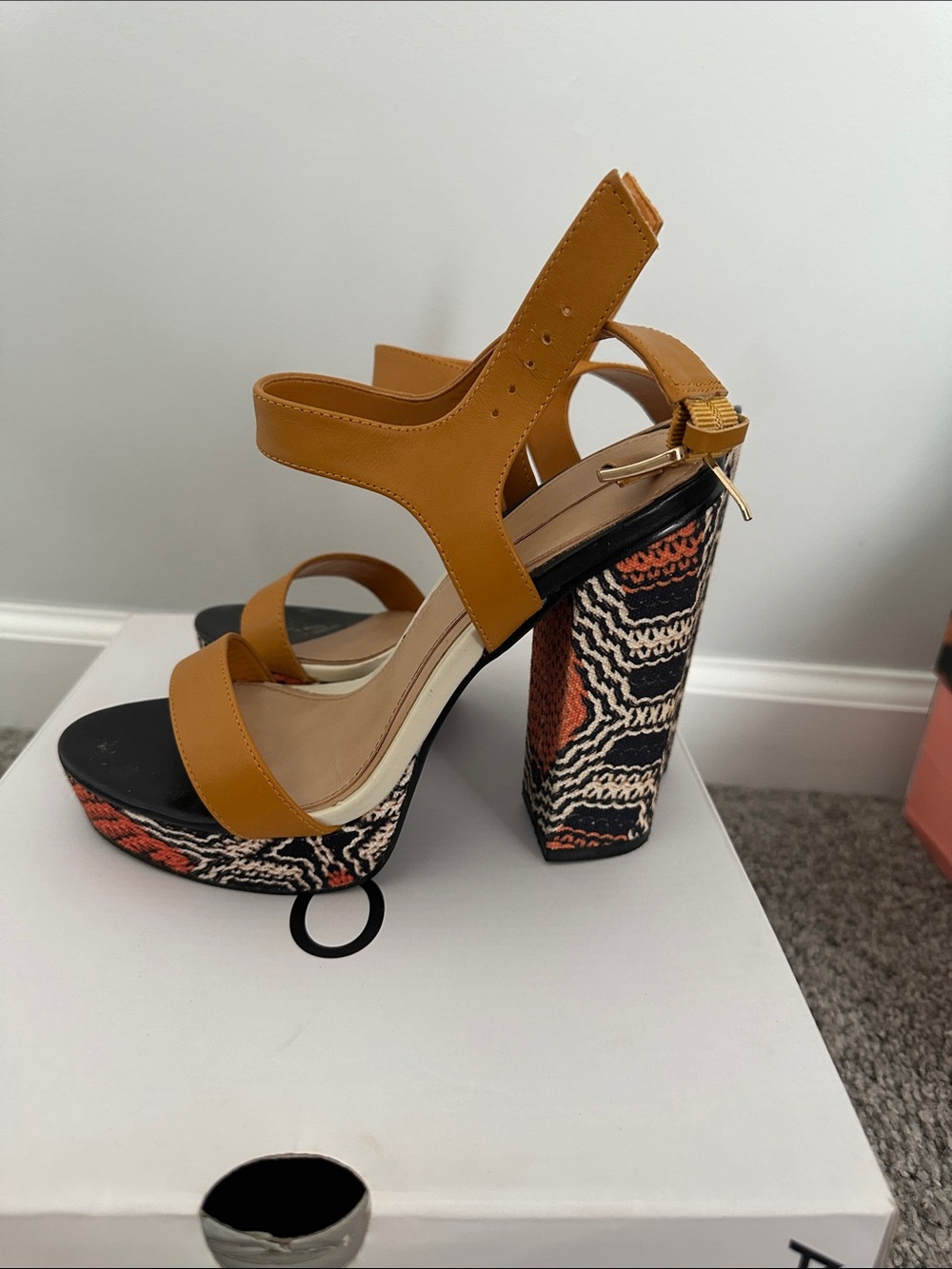 Aldo Mustard Leather Platform Sandals with Patterned Block Heel